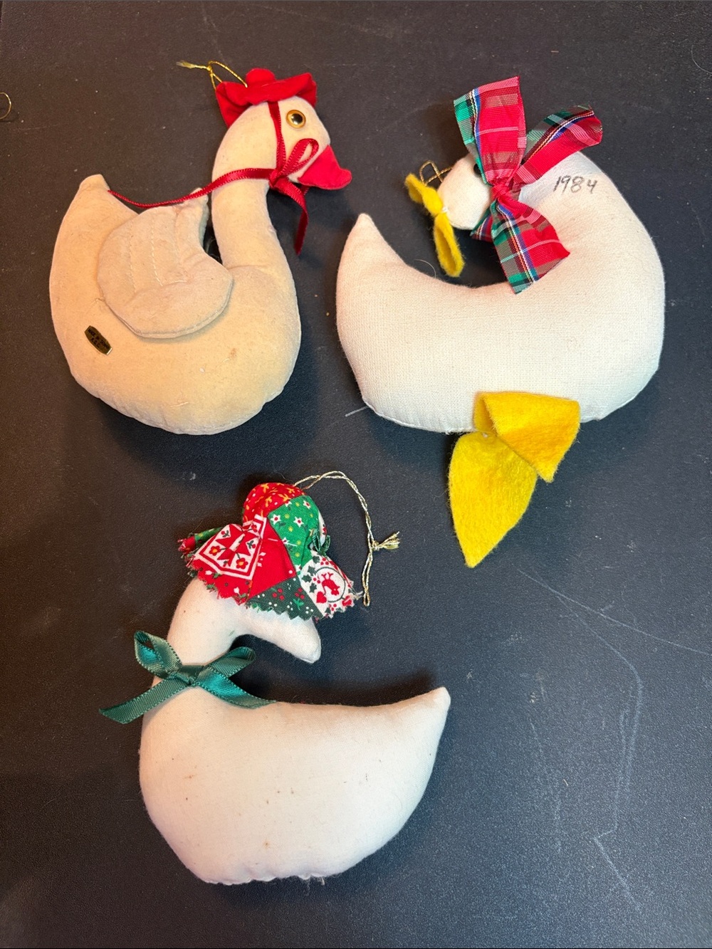 3 Stuffed White Fabric Goose Swan Ornaments